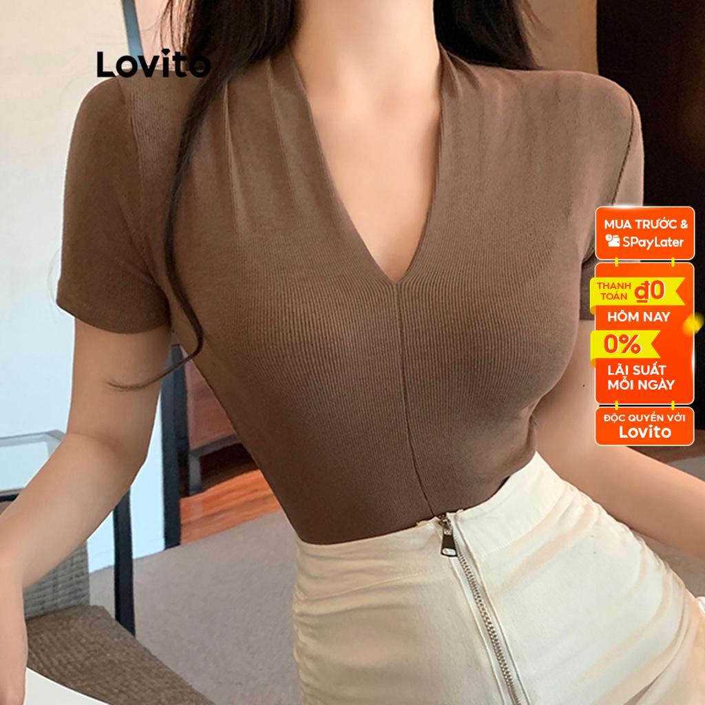 Áo thun LOVITO tay ngắn cổ V màu trơn thường ngày cho nữ LNA10125 (Màu cà phê/ trắng/ đen)