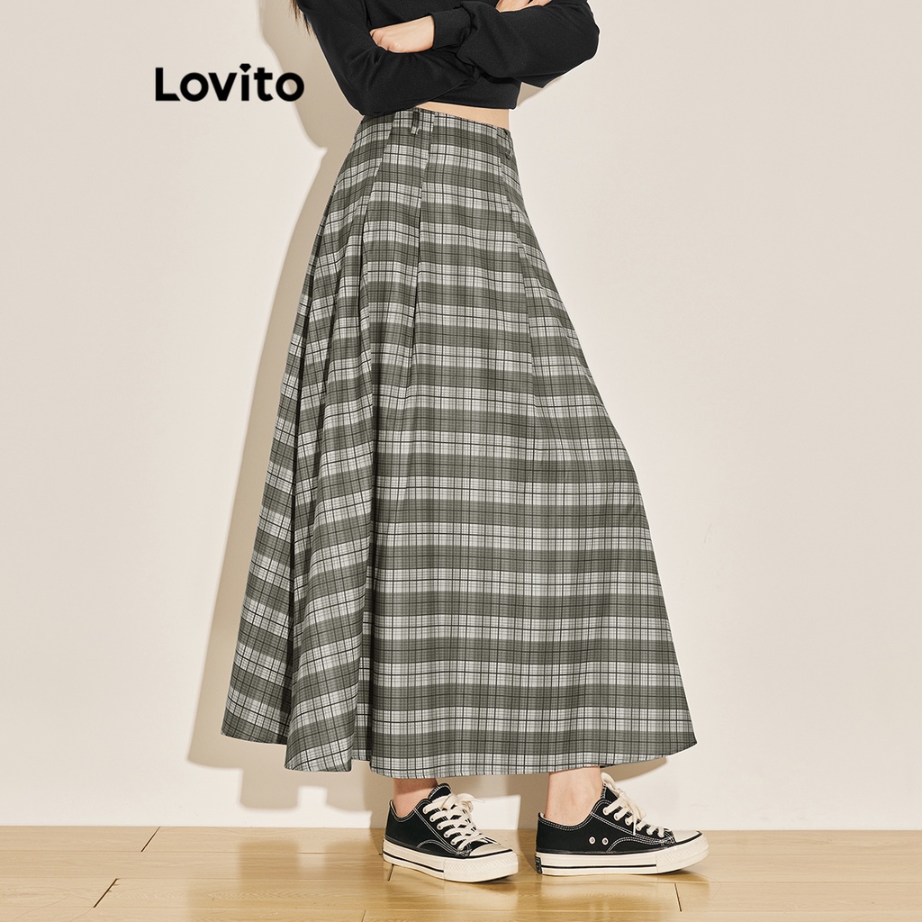 Chân váy Lovito phối khóa kéo kẻ sọc caro preppy cho nữ L61AD138 (Màu xám)