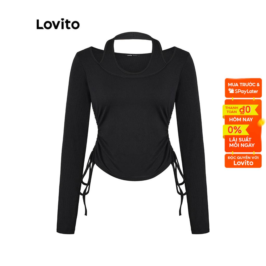 Áo croptop y2k thun dệt kim Lovito dây rút sọc caro phối hở đơn giản cho nữ L45AD007 (màu đen)