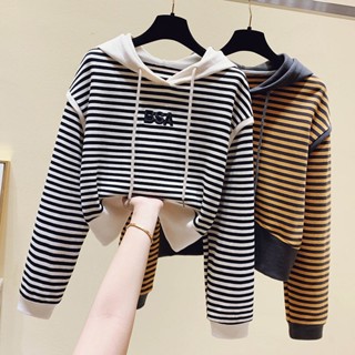  Áo hoodie Lửng Dáng Rộng Họa Tiết Kẻ Sọc Thời Trang Xuân Thu 2024 Phong Cách Hàn Quốc Dành Cho Bạn Nữ 