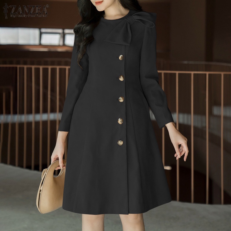 Zanzea Đầm Chữ a Dài Tay Cổ Tròn Thắt Nơ Eo Thời Trang Hàn Quốc Cho Nữ