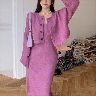 Set áo len cardigan cài nút màu trơn phong cách mới thu đông 2023
