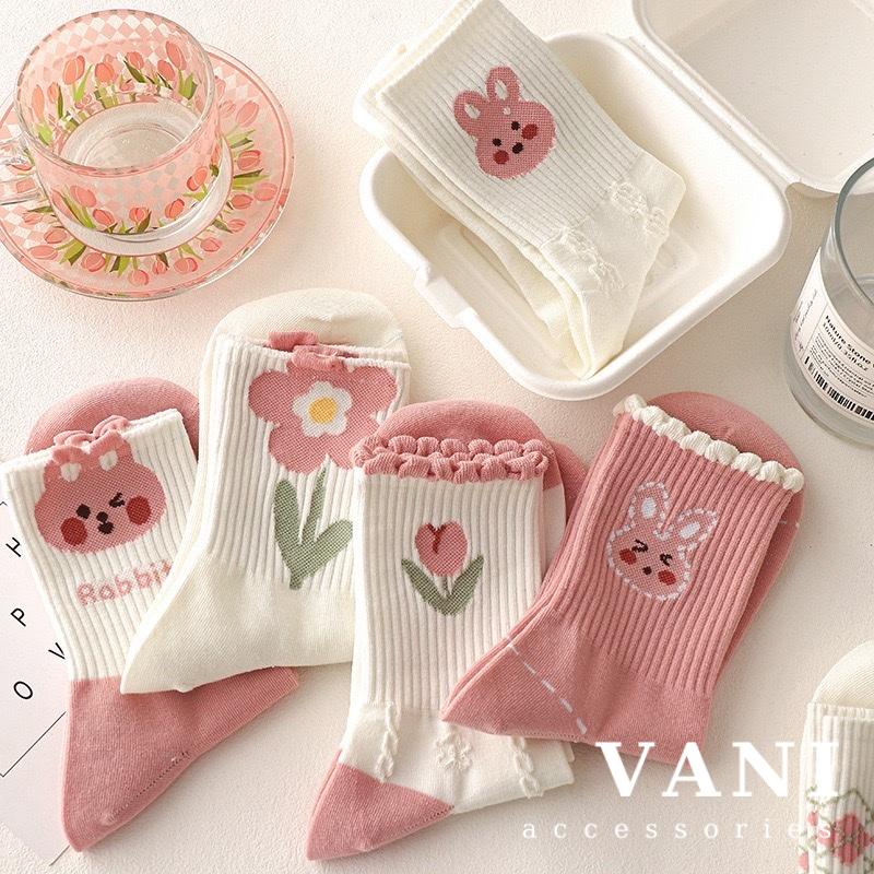 Tất Cao Cổ Họa Tiết Flower Rabbit Màu Hồng - Vani Store - TAT00277
