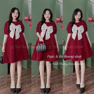 Đầm xòe tay lỡ phồng cổ tròn đính nơ ren dệt vải nhung kim tuyến cực kì sang chảnh , đi chơi , đi tiệc đ010521144
