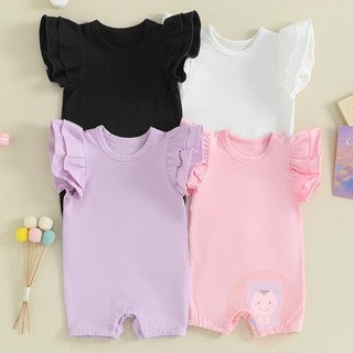 Laa6- áo liền quần tay bay cổ tròn màu trơn mặc hàng ngày cho bé gái