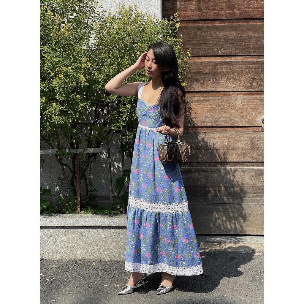 Đầm hoa maxi phối ren cotton