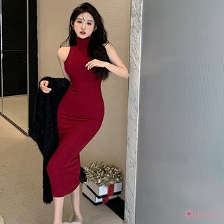Đầm Ôm Không Tay Cổ Cao Màu Sắc Trơn Phong Cách Hàn Quốc Dành Cho Nữ