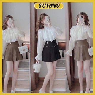 SET Áo sơ mi ren bèo và Chân váy xếp ly tennis nữ lưng cao kèm đai xích sang chảnh CV578 SUTANO [ SHOP BÁN RỜI ]