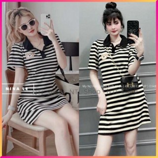 Đầm polo suông kẻ sọc hình gấu đáng yêu, Đầm thun gân kẻ sọc thêu hình gấu cổ áo polo dáng suông xinh xắn mặc chơi L21