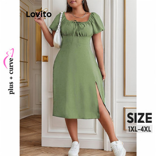 Đầm Lovito xẻ tà buộc nơ tôn dáng size lớn màu trơn thường ngày cho nữ LBL07160