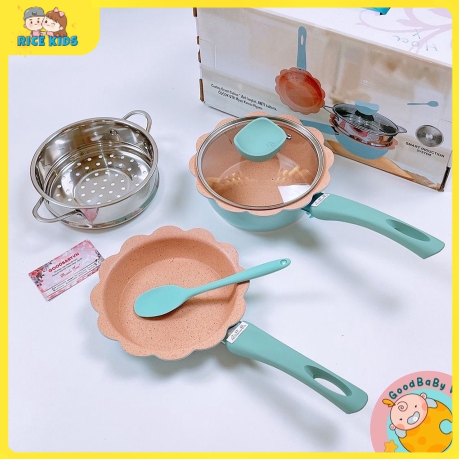 [ RICE KIDS_ Siêu thị cho bé ] Bộ Nồi Chảo Ăn Dặm , Nhà Bếp Hình Hoa 1