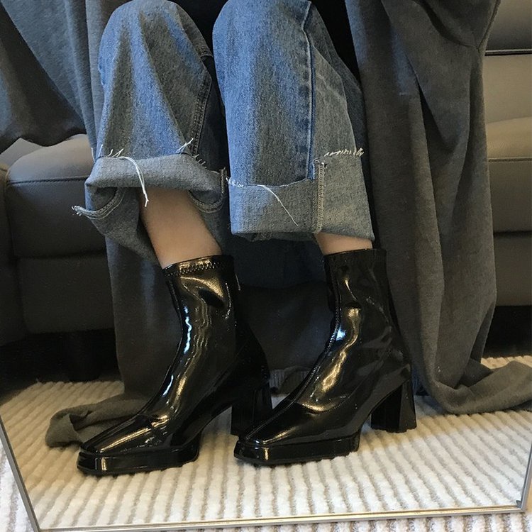 Giày Bốt Da Mũi Vuông Đế Dày Thời Trang Cá Tính