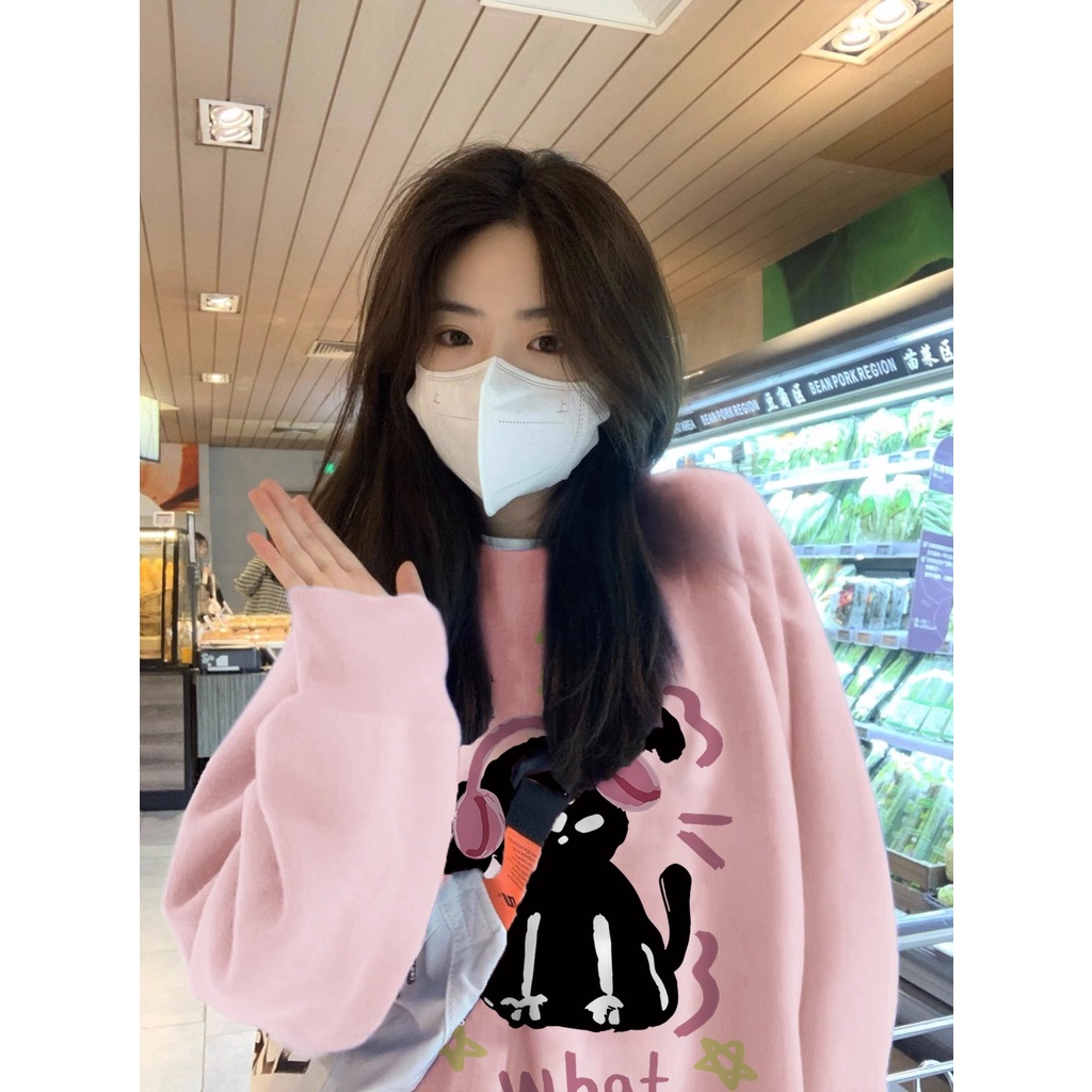 Newmine⭐Áo sweater Áo nỉ dài tay Áo Thun Nỉ Tay Dài Cổ Tròn Dáng Rộng In Hình Cô Gái Phong Cách Thời Trang