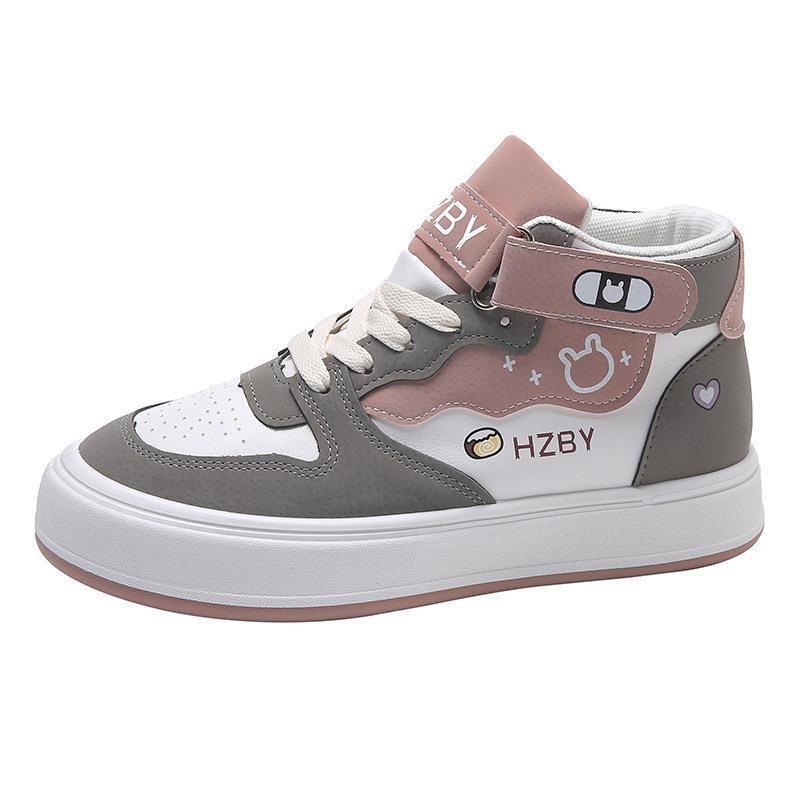 Giày cao cổ, giày thể thao màu trắng, giày học sinh nữ, giày Velcro hoạt hình đa năng đế dày