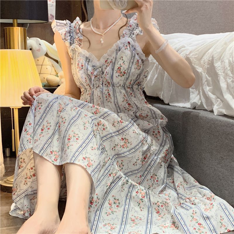 Đầm Ngủ Hai Dây Dáng Dài Phong Cách Công Chúa Dễ Thương Ngọt Ngào Thời Trang Mùa Hè Cho Nữ