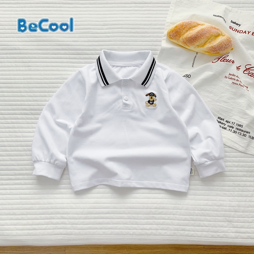 Áo Polo Dài Tay Thêu Hình Gấu Cho Bé Chất Thun Cotton Cao Cấp BeCool, Áo Dài Tay Thu Đông Cho Bé Từ 10-27kg