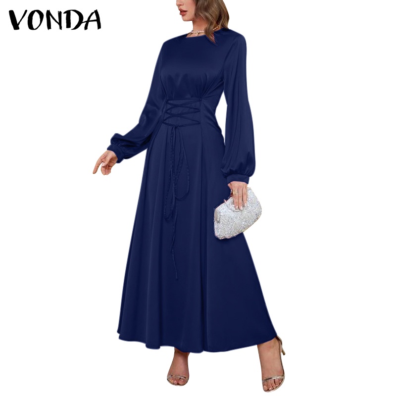 Đầm VONDA satin dài tay cổ tròn thiết kế xếp ly thắt eo phong cách cổ điển cho nữ