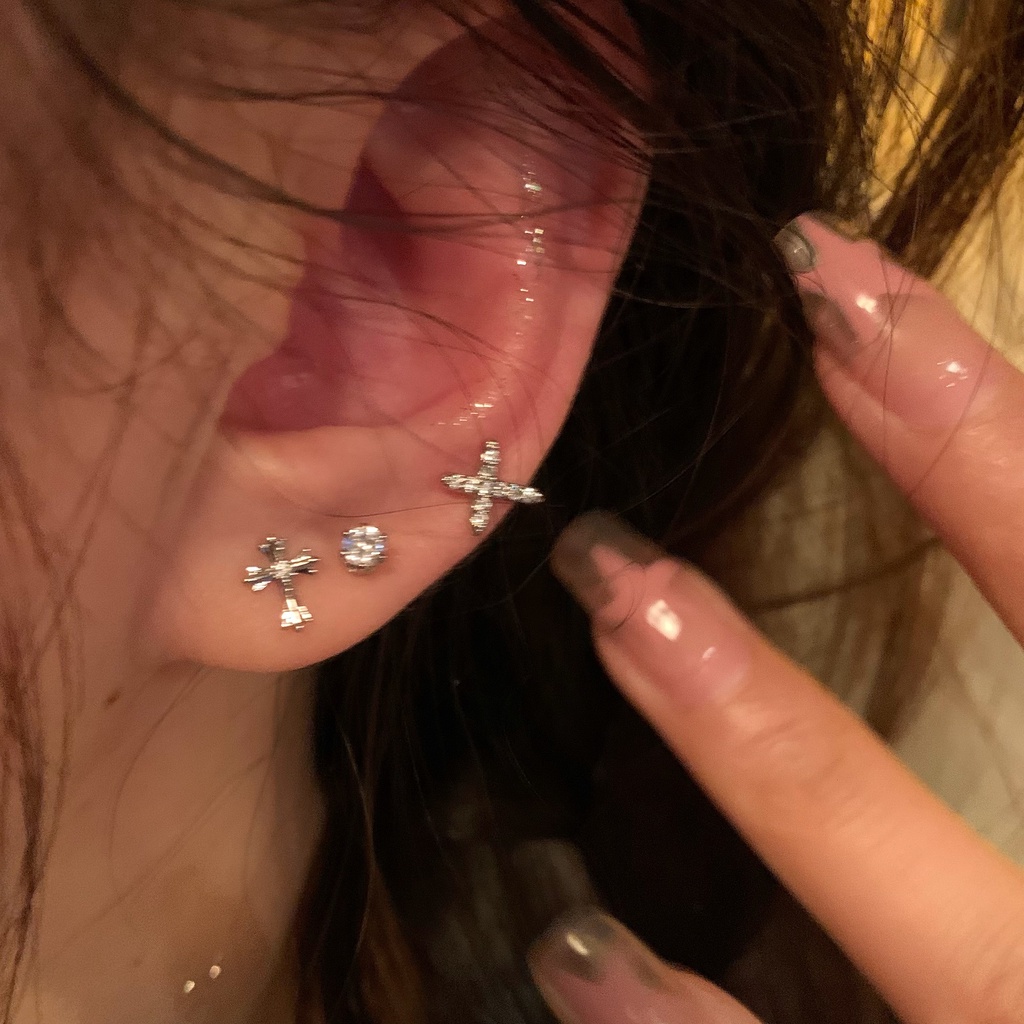 Set 6 Khuyên Tai Chữ Thập Đính Đá zircon Siêu Lấp Lánh Phong Cách Mới Dễ Phối Đồ