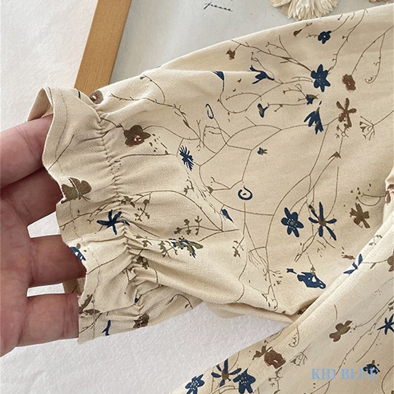 Đầm Hoa Tay Dài Cổ Búp Bê Thời Trang Xuân Thu Mới Cho Bé Gái