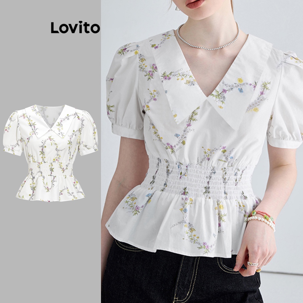 Áo sơ mi nữ Lovito tay phồng họa tiết hoa nhí thời trang thanh lịch L59ED062 (Trắng)