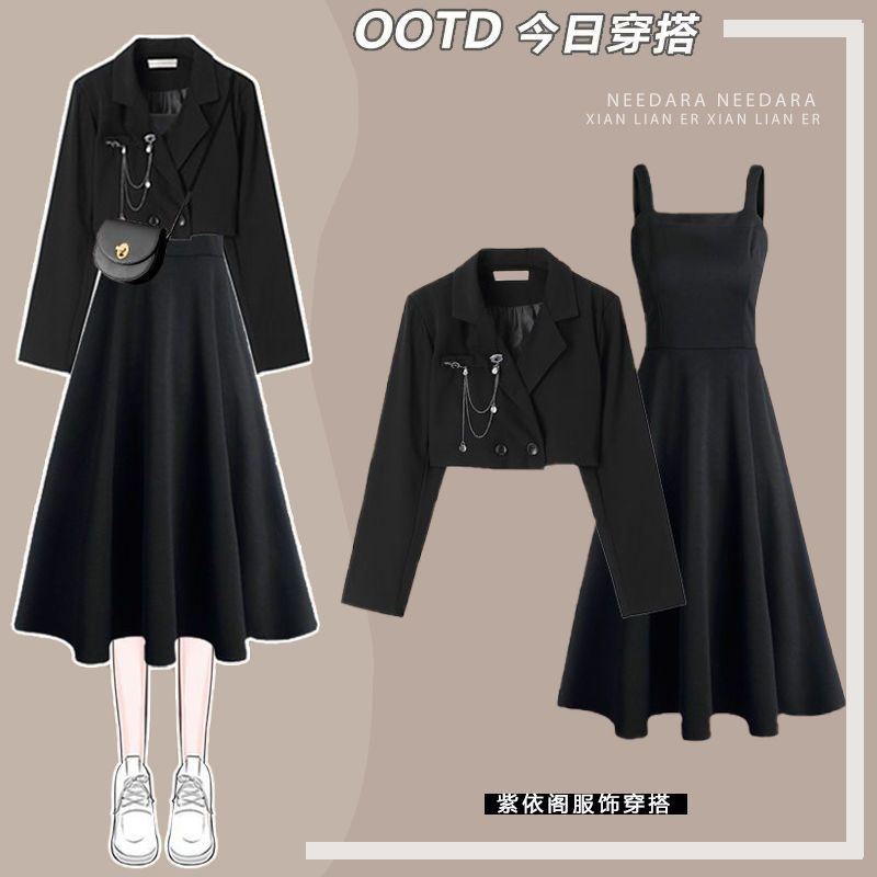 Set Áo Khoác + Đầm Đen Phong Cách retro Thời Trang Mùa Thu 2023#0916#