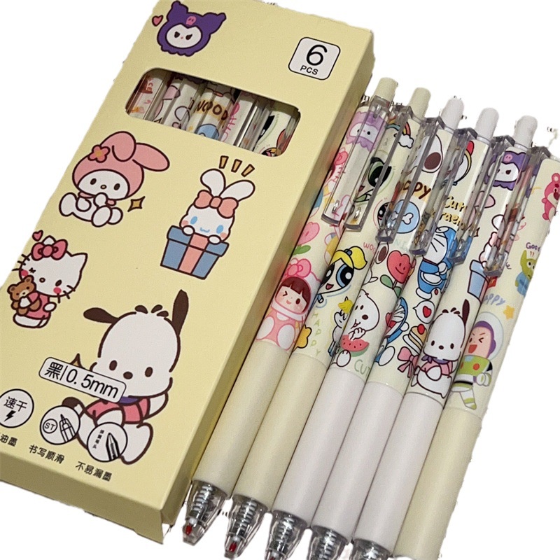 Set 6 Bút Nhấn Mực Đen Nhanh Khô Họa Tiết Hoạt Hình Dễ Thương Cho Học Sinh