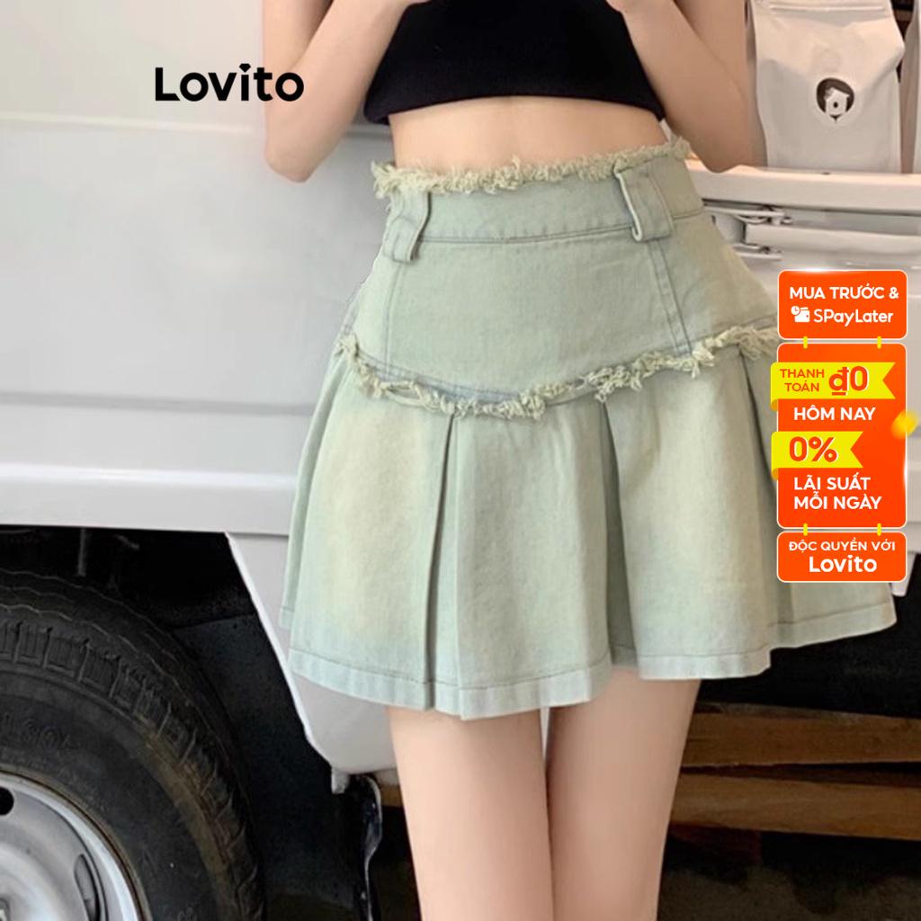 Chân váy denim Lovito viền thô xếp ly màu trơn thường ngày cho nữ LNE17233 (màu xanh dương)
