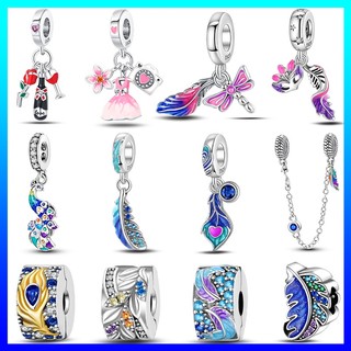 Hạt charm hình lông vũ bằng bạc 925 nhiều màu sắc dùng làm trang sức diy