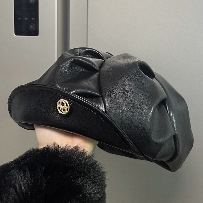 Mũ beret Da Màu Đen Xếp Ly Phong Cách retro Hàn Quốc Dễ Phối Đồ Cho Nữ