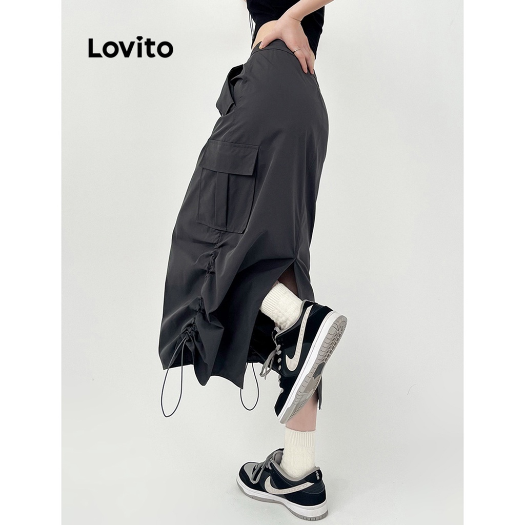 Chân váy Lovito có túi phối dây rút màu trơn thường ngày cho nữ LNA18047