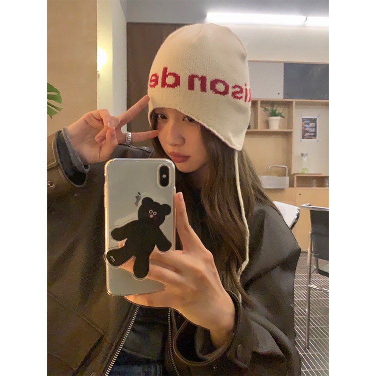 Niche Mũ Len Trùm Tai Giữ Ấm In Chữ Phong Cách Đường Phố Hàn Quốc Cho Cặp Đôi