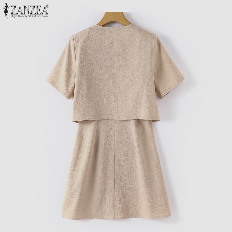 Zanzea Set Áo Khoác blazer + Đầm Hai Dây Màu Trơn Phong Cách Hàn Quốc Cho Nữ
