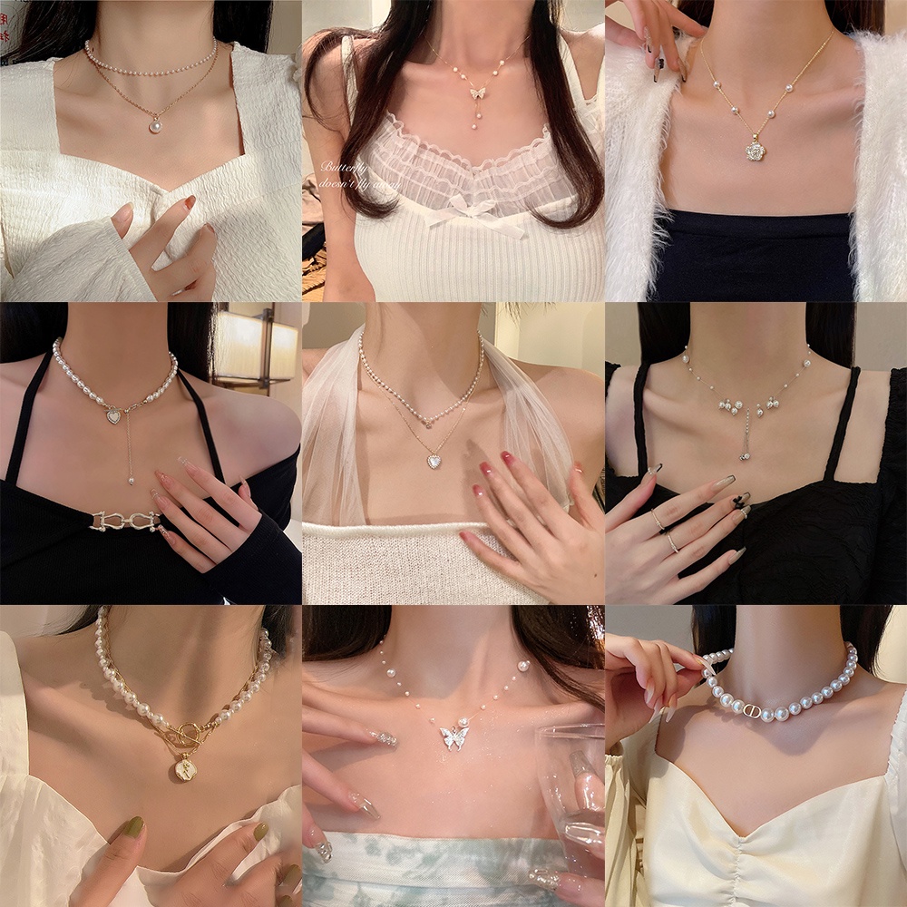 Vòng cổ Mặt Hình Hoa Hồng Và Bướm Đính Ngọc Trai Thời Trang Cho Nữ