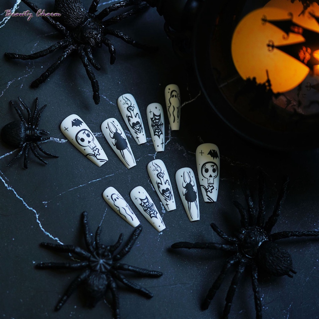 Bộ Móng Tay Giả Màu Trắng In Hình Đầu Lâu Trọng Lượng Nhẹ Và Dễ Gắn Dùng Hóa Trang halloween