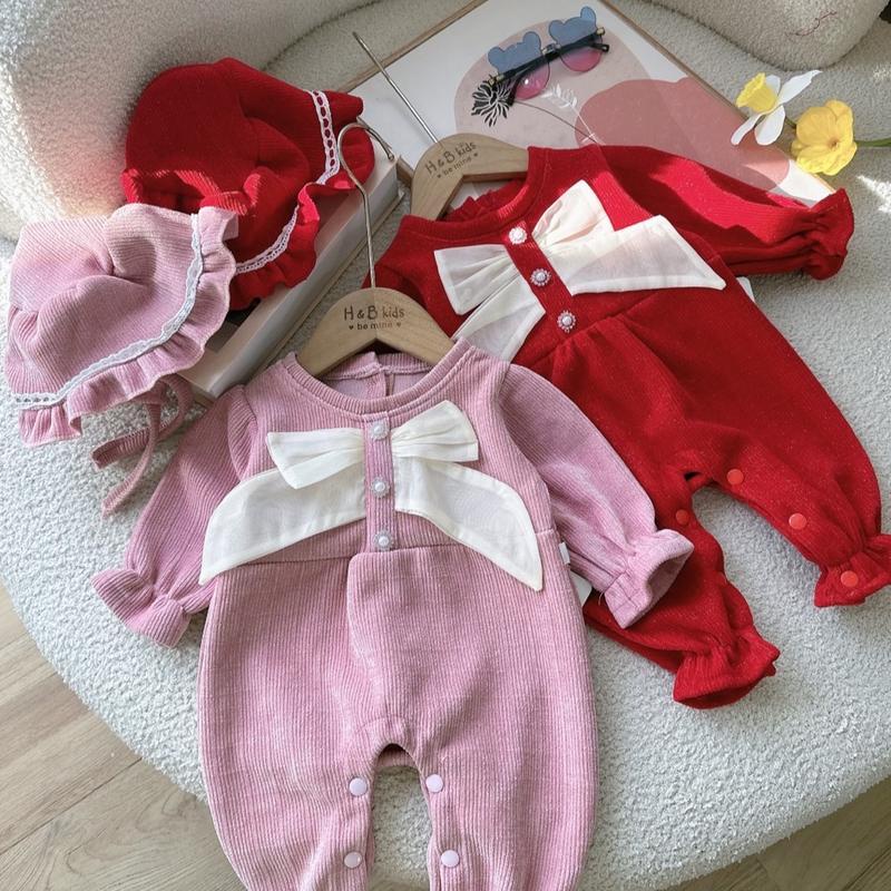 Body Liền Quần NHUNG KIM TUYẾN NƠ NGỌC Kèm Mũ Cho Bé Gái Sơ Sinh Chất Mềm Mịn cho bé mặc noel, Lễ Tết