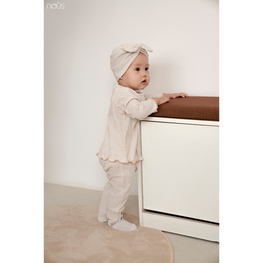 NOUS - Bộ áo quần dài mix turban nơ màu be 3M 6M 9M 12M - SS23.10 - babywearvn