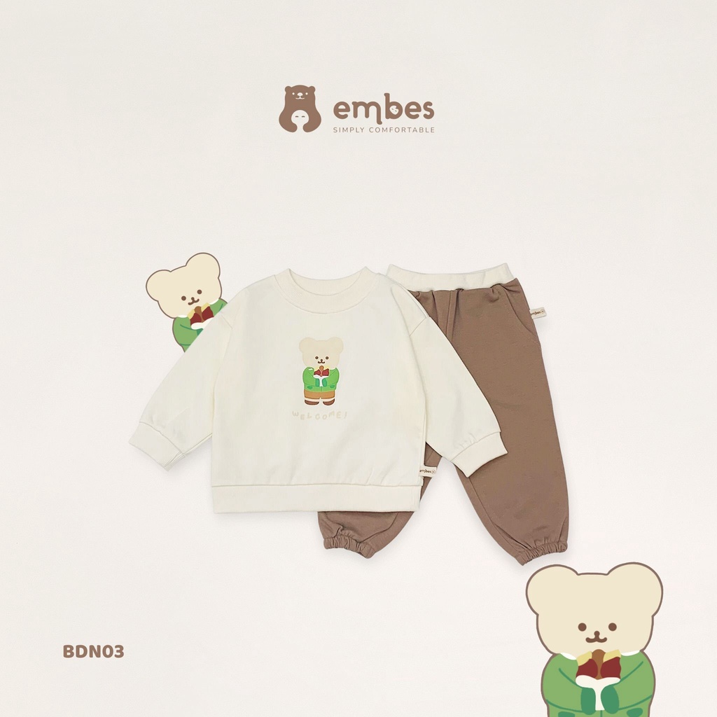 EMBES Bộ quần áo thu đông nỉ da cá cho bé trai bé gái từ 8kg tới 18kg