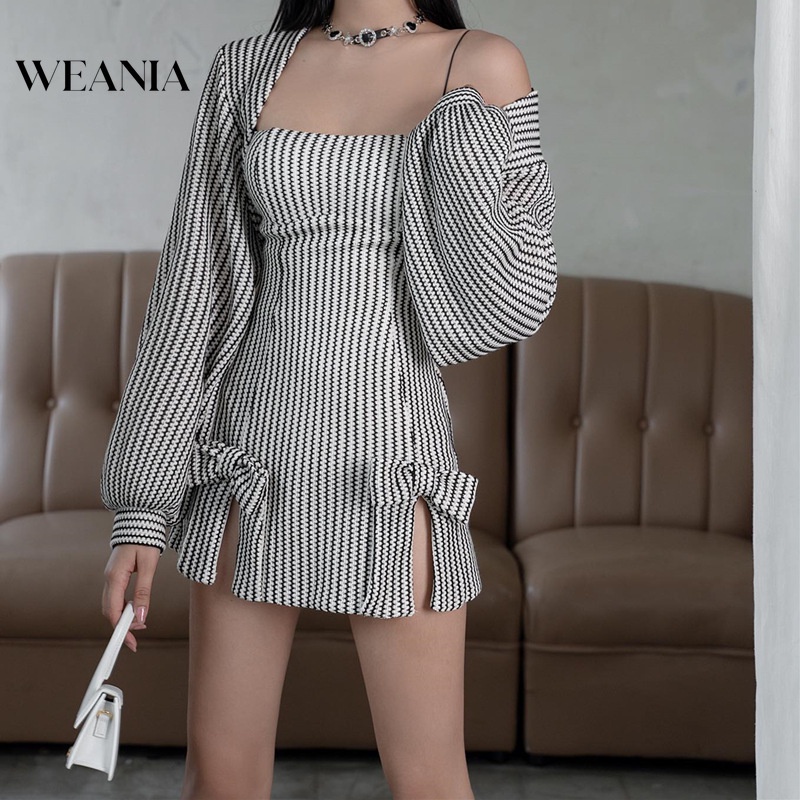 Set Đầm mini 2 Món Tay Phồng Dài Thiết Kế Xẻ Tà Kẻ Sọc Đính Nơ Thời Trang Mới Cho Nữ