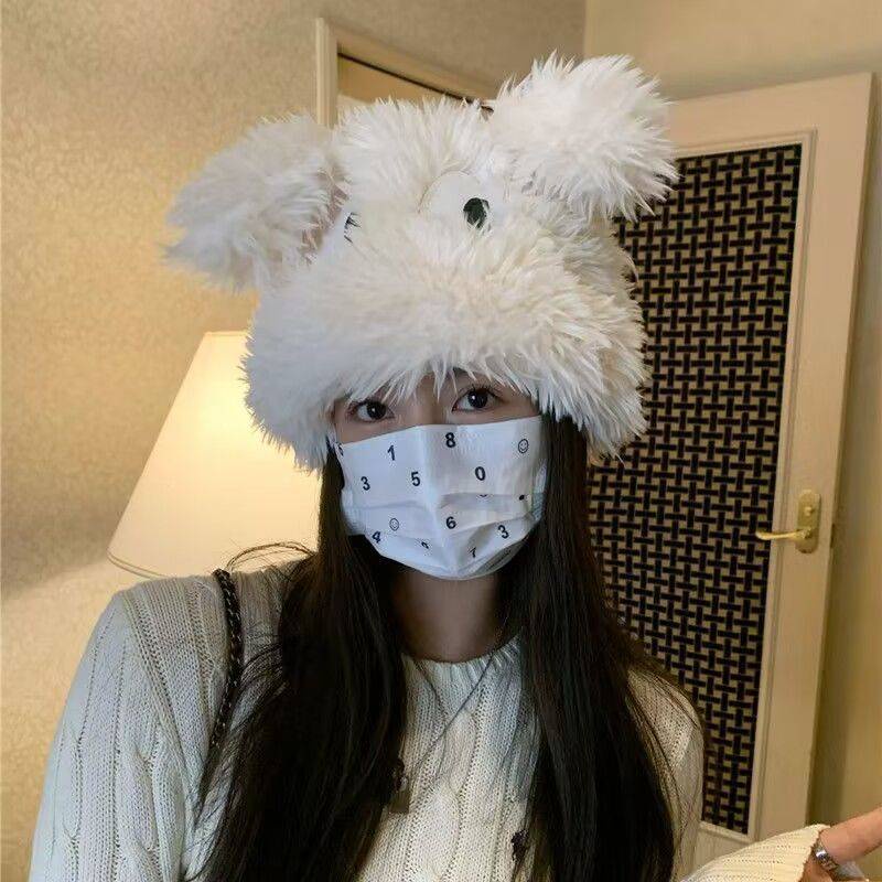 Mũ Trùm Đầu Bảo Vệ Tai Bằng Vải Bông Dày Dặn Họa Tiết Chú Cún Mắt To Dễ Thương Vui Nhộn Thời Trang Thu Đông Cho Nữ by3 Yb