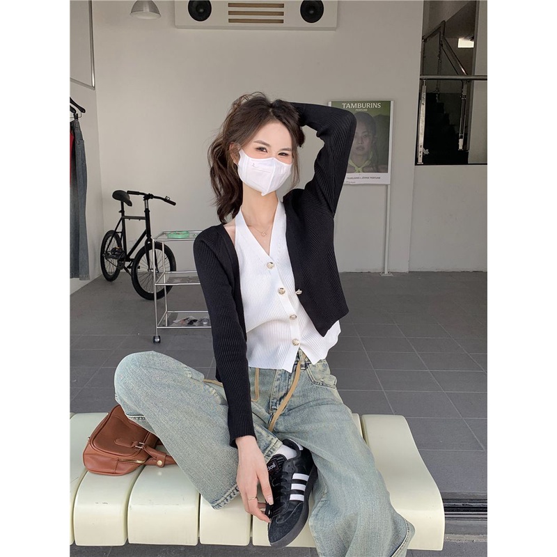 Áo cardigan Cổ Chữ v Tay Dài Giả Hai Lớp Màu Sắc Tương Phản Thời Trang Mùa Thu Cho Nữ