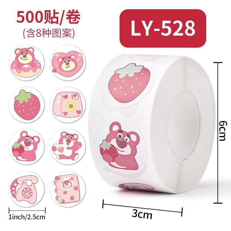 Bộ 500 Miếng Dán Tự Dính Hình Tròn Họa Tiết Gấu Dâu Tây Dễ Thương