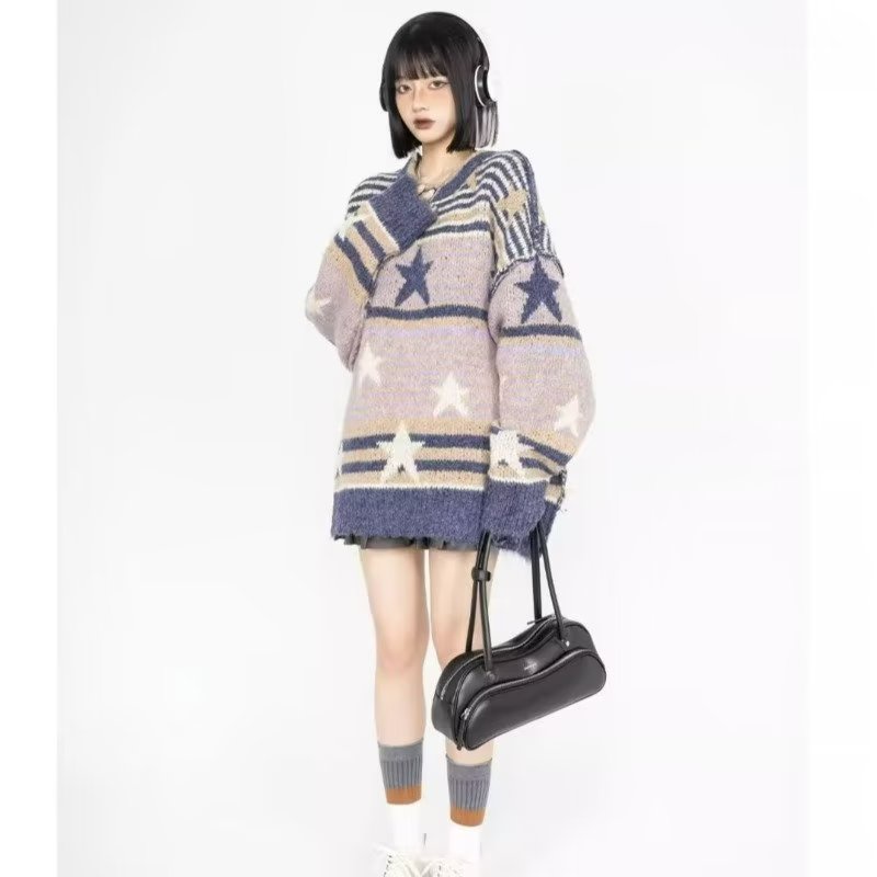 Áo sweater Chui Đầu Dáng Rộng Kẻ Sọc Ngang Phối Hình Ngôi Sao Kiểu retro Mỹ Thời Trang Thu Đông Cho Nam Và Nữ
