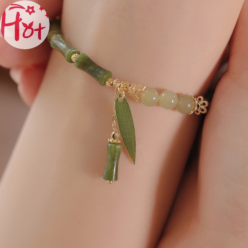 Jr Vòng Tay Chuỗi Hạt Phối Mặt Hình Lá Tre Phong Cách Trung Hoa