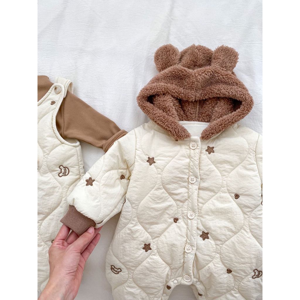 Bộ Áo Liền Quần Có Mũ Trùm Dày Dặn Siêu Dễ Thương Giữ Ấm Mùa Đông Cho Bé Sơ Sinh