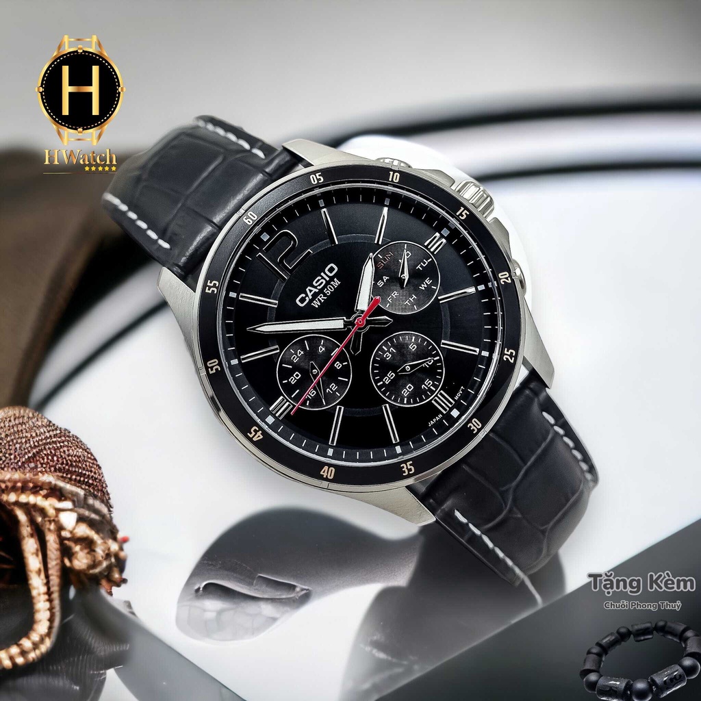 Đồng Hồ Nam Casio Pin MTP-1374L-1AVDF Dây Da Đen Vỏ Thép Không Gỉ Mặt Đen