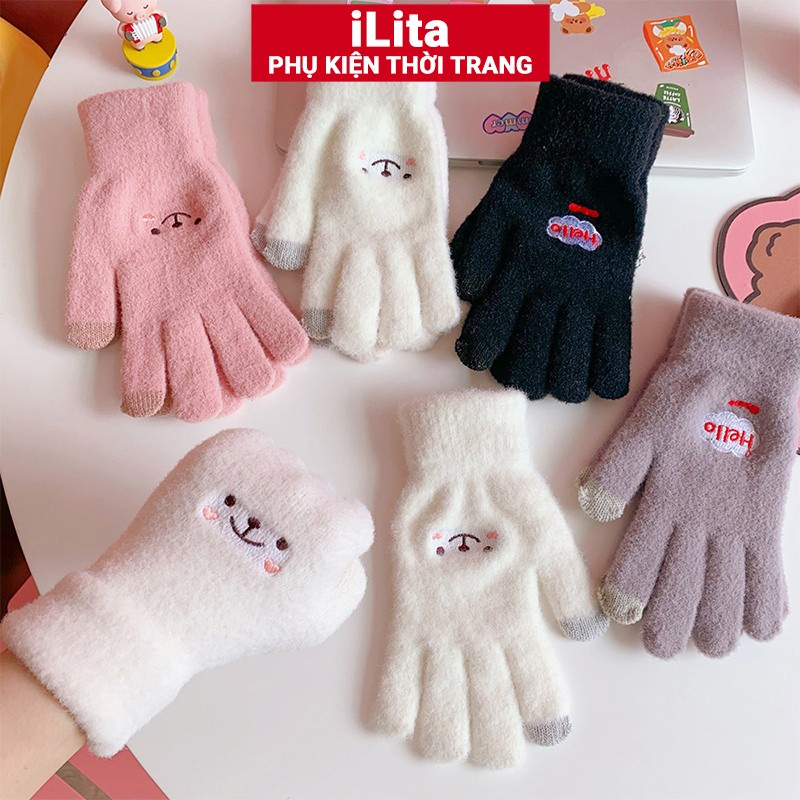 Găng tay len, bao tay len nữ đính charm iLita ngón tay chạm màn hình cảm ứng dày giữ ấm chống nắng Touchscreen Gloves