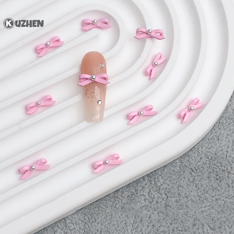 Kuzhen Set 10 Phụ Kiện Trang Trí Móng Tay Nghệ Thuật Bằng Hợp Kim Hình Nơ Thắt Nơ Màu Hồng Đen Trắng Đính Đá diy