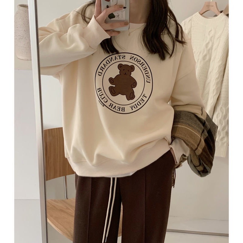 Áo sweater Tay Dài Dáng Rộng In Hình Gấu Dễ Thương Thời Trang Thu Đông Cho Nữ