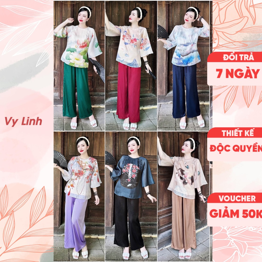 Bộ đồ quần dài tay lửng Vy Linh chất liệu lụa lam tơ ánh kim 3D mặc thoáng mát, thấm hút mồ hôi S1003