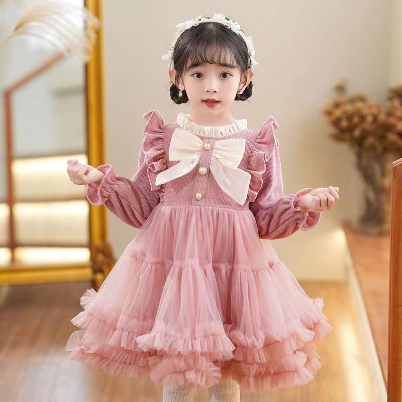Đầm Công Chúa Chất Nhung Đính Nơ Thời Trang Thu Đông Xinh Xắn Cho Bé Gái
